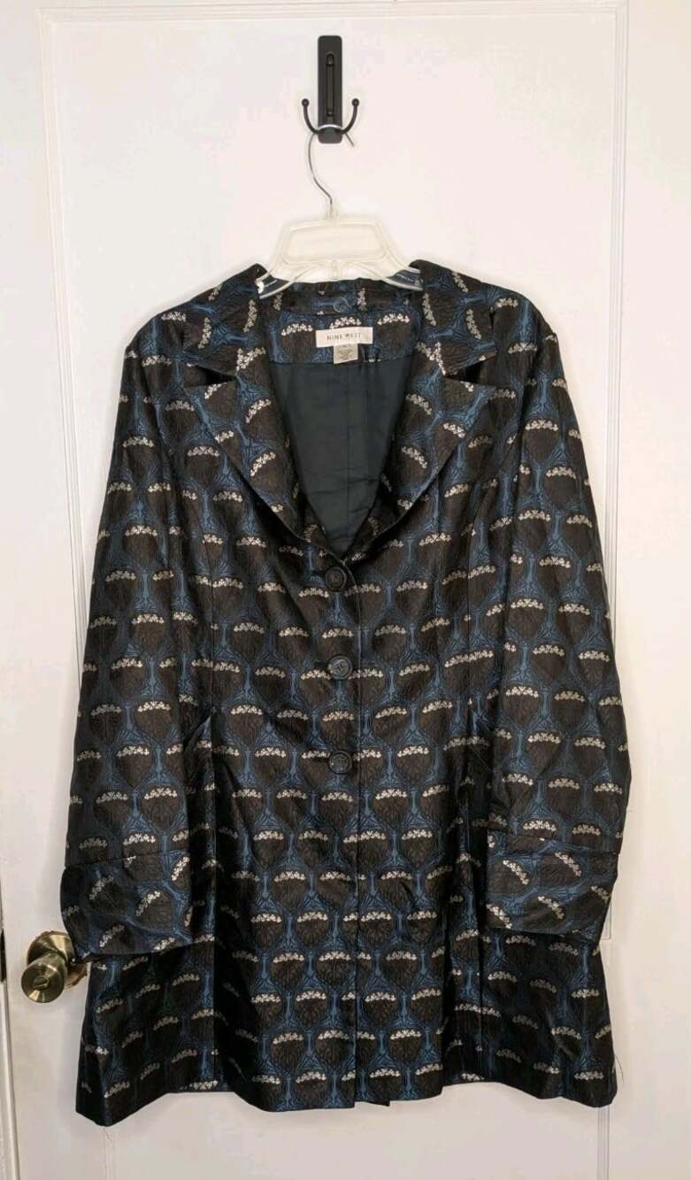 Nine West Silk Blend Brocade Coat Jacket XL Blue Silver Metallic Jacquard Pea